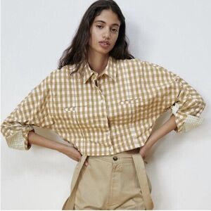Zara Gingham Button-Up Cropped Shirt with Adjustable Drawstring Hem- Size S